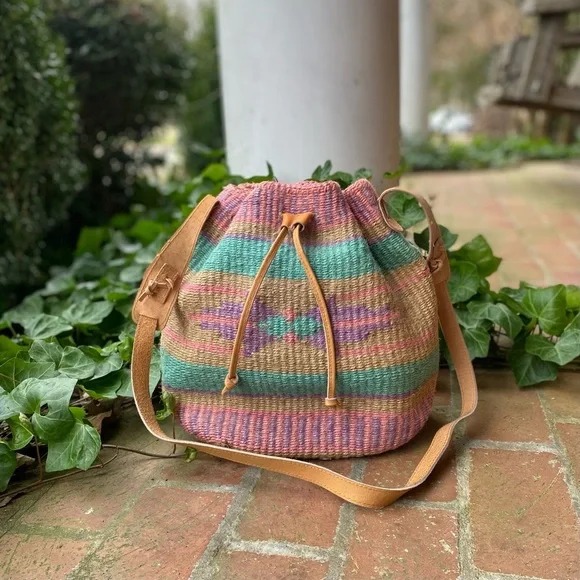 Vintage 70s Pastel Woven Kilim Bucket Bag